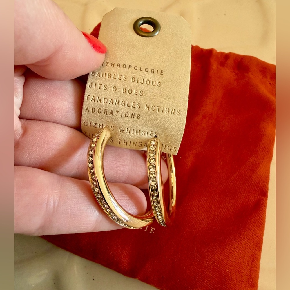 Anthropologie Classic Crystal Gold Hoop Earrings